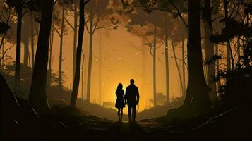 silhouette of two walking in tranquil forest photo