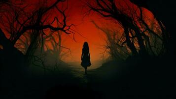 silhouette of walking in spooky woods photo