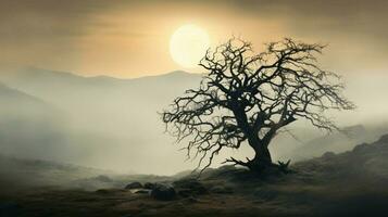 silhouette of tree in spooky foggy landscape photo