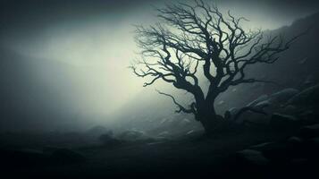 silhouette of tree in spooky foggy landscape photo