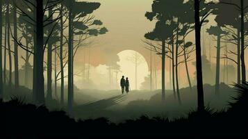 silhouette of two walking in tranquil forest photo