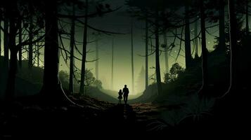 silhouette of two walking in tranquil forest photo