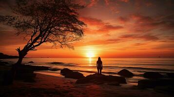 silhouette standing on beach watching tranquil sunset photo