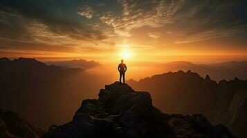 silhouette standing on mountain peak at sunrise photo