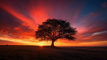 silhouette tree backlit by vibrant sunset sky photo