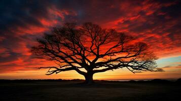 silueta árbol retroiluminado por vibrante puesta de sol cielo foto