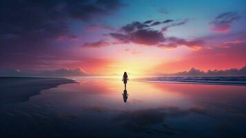 silhouette walking on serene beach at dusk photo
