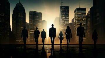 silhouetted businesspeople walking in a modern city photo