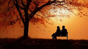 silhouetted couple sit on bench under autumn tree photo