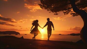 silhouettes holding hands enjoying sunset together happily photo