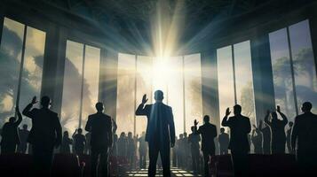 silhouettes of businessmen applauding in backlit auditorium photo