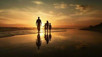 siluetas de familia caminando en playa a puesta de sol foto