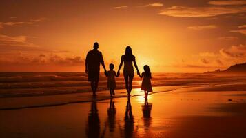 siluetas de familia caminando en playa a puesta de sol foto