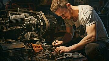 skilled mechanic repairing car engine with wrench photo