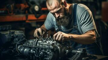 skilled mechanic repairing car engine with wrench photo