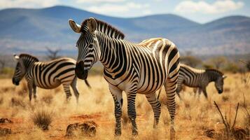 small group of striped mammals grazing in african wildern photo