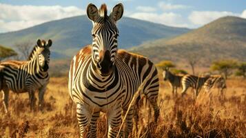 small group of striped mammals grazing in african wildern photo