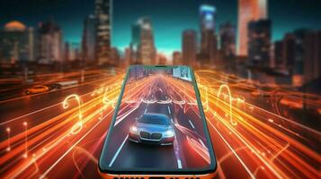 smartphone with speed traffic scene photo