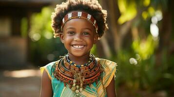 sonriente africano niño en pie al aire libre alegre foto