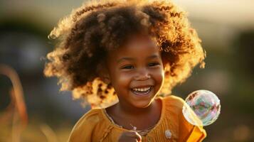 smiling african girl playing with bubble wand outdoors photo