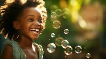 smiling african girl playing with bubble wand outdoors photo