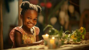 sonriente africano niña jugando y aprendizaje adentro foto