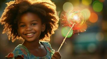 smiling african girl playing with bubble wand outdoors photo