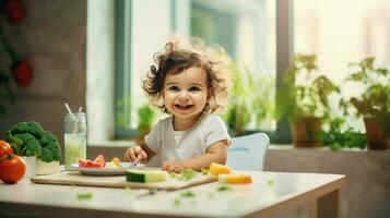 smiling baby girl eating healthy food indoors photo