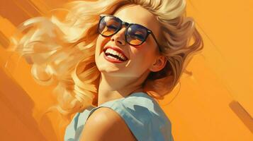 smiling blond woman in sunglasses exudes confidence photo
