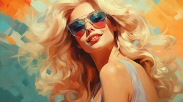 sonriente rubio mujer en Gafas de sol exuda confianza foto