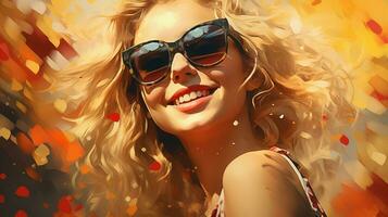 sonriente rubio mujer en Gafas de sol exuda confianza foto