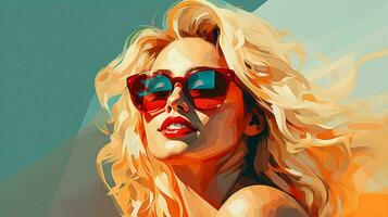 smiling blond woman in sunglasses exudes confidence photo