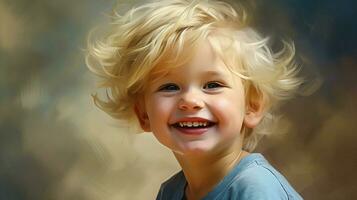 sonriente alegre niño con rubio pelo irradia felicidad foto
