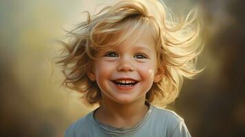 smiling cheerful child with blond hair radiates happiness photo