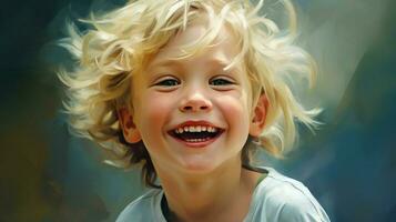 sonriente alegre niño con rubio pelo irradia felicidad foto