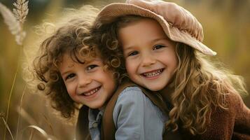 sonriente niño alegre niña linda hermanos al aire libre divertido foto