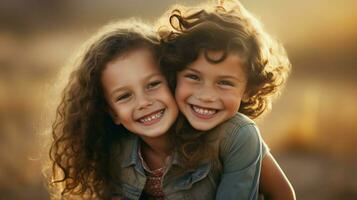 sonriente niño alegre niña linda hermanos al aire libre divertido foto