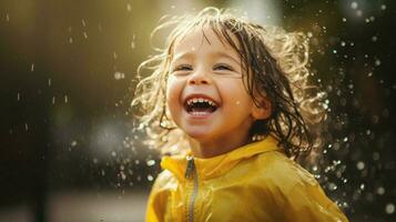 smiling child enjoys the rain happiness in wet outdoors photo