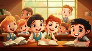 smiling children in classroom learning and studying photo