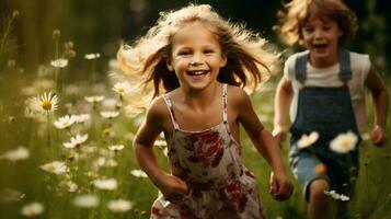 sonriente niños disfrutando naturaleza despreocupado verano divertido foto