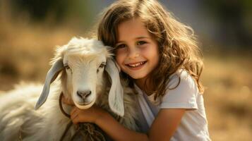 sonriente niño posando con peludo cabra amigo foto