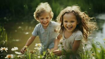 sonriente niños disfrutando naturaleza despreocupado verano divertido foto