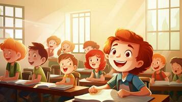 sonriente niños en salón de clases aprendizaje y estudiando foto