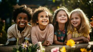 smiling children of different ethnicities learning outdoor photo