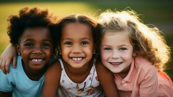 sonriente niños de diferente etnias aprendizaje al aire libre foto