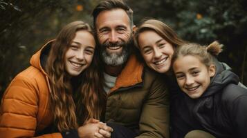 smiling family bonding together outdoors looking confident photo