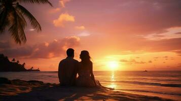 smiling couple enjoys sunset on tropical beach photo