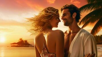 smiling couple enjoys sunset on tropical beach photo