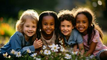 sonriente niños de diferente etnias aprendizaje al aire libre foto