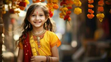 sonriente linda niña en tradicional vestir celebra alegre foto